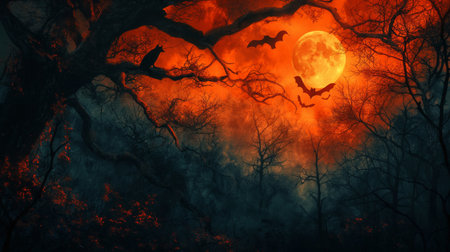 A spooky Halloween scene under a blood-red moon, with silhouettes of bats flying through a haunted forest.の素材