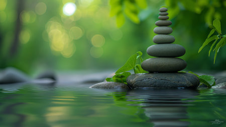 A stack of smooth stones balances gracefully on a riverbed, surrounded by lush green foliage and serene reflections in the water.の素材