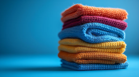A stack of vibrant, textured towels presents a cozy spectrum of warmth and cleanliness against a serene blue background.の素材