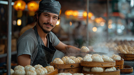 A street food vendor smiles warmly while preparing traditional steamed buns.の素材