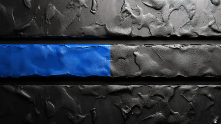 A striking abstract background with a vibrant blue stripe contrasts against a textured black surface.の素材