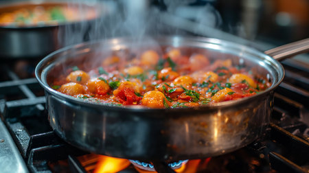 A steaming pot of rich tomato sauce bubbles on a stove, infused with herbs and ready to season any meal.の素材