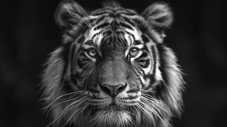 A striking black and white portrait captures the intense gaze of a tiger, highlighting the intricate details and raw power of this majestic creature.の素材