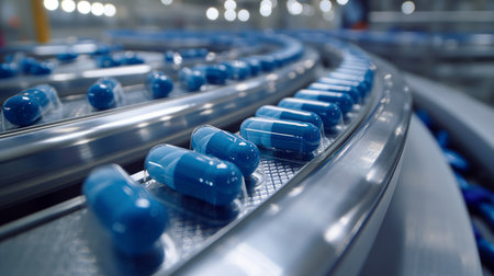 A state-of-the-art pharmaceutical facility showcases blue capsules smoothly advancing on a curved, stainless steel conveyor, embodying precision and innovation.の素材