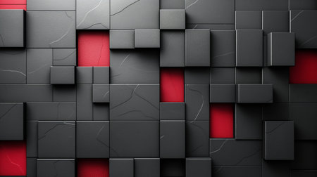 A striking geometric composition of interlocking black and red blocks with textured surfaces and subtle cracks, creating a modern and edgy visual.の素材