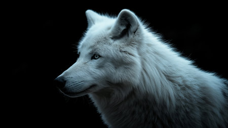 A striking profile of an arctic wolf against a dark background highlights its piercing blue eyes and thick, white fur.の素材