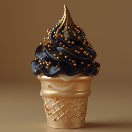 A stunning black and gold ice cream cone, embellished with sparkly toppings, offers an extravagant treat.の素材