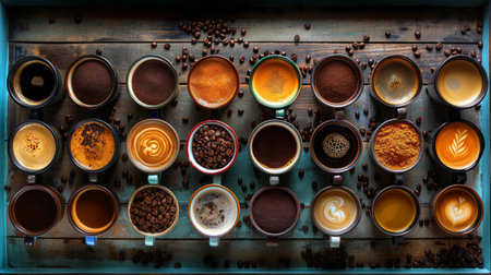 A stunning array of coffee cups showcasing different brews and beans highlights the rich diversity and artistry of coffee culture.の素材