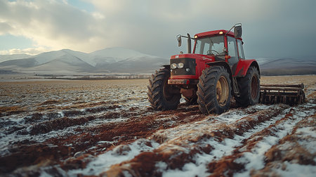 A sturdy red tractor stands ready in a snowy field, with distant mountains providing a majestic backdrop.の素材
