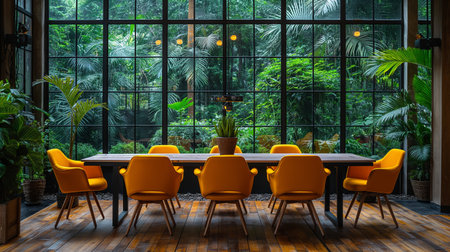 A stylish conference room with yellow chairs and a large window offering a lush view into a dense tropical forest.の素材
