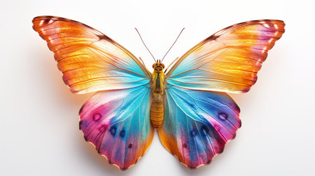 A stunning multicolored butterfly spreads its wings, revealing a vivid palette of blues, oranges, and pinks on a pristine white background.の素材