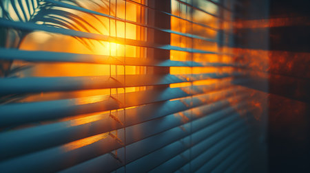 A stunning view of a sunset seen through window blinds, casting a warm, golden light and creating a tranquil ambiance.の素材