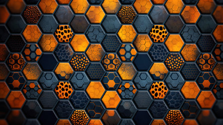 A stunning mosaic of hexagonal patterns in varying shades of orange and blue, each uniquely textured to create a vibrant visual feast.の素材