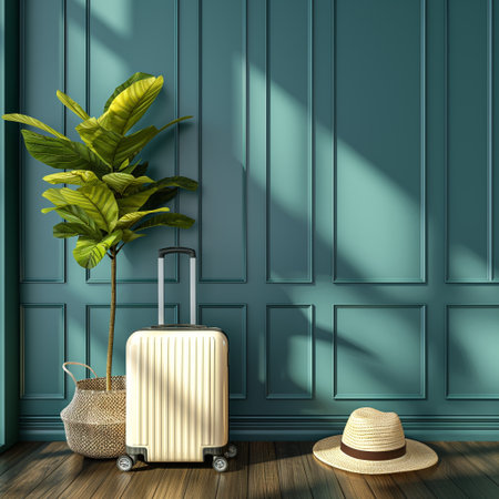 A suitcase and a hat are ready for an adventure, basking in sunlight against a stylish wall.の素材