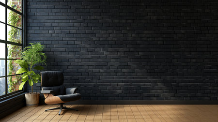 A stylish office corner with a black leather chair and a large window overlooking a lush green exterior, providing a serene workspaceの素材