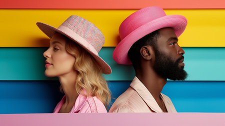 A stylish duo poses confidently against a vibrant, multicolored backdrop, embodying modern chic and elegance.の素材