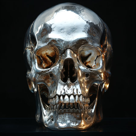 A surreal silver skull gleams with a metallic sheen, reflecting themes of mortality and timelessness.の素材
