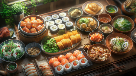 A sumptuous spread of Asian cuisine featuring an array of dishes that highlight the rich and diverse flavors of the region.の素材