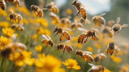 A swarm of honeybees buzzes energetically over a field of yellow flowers, a bustling scene of pollination in actionの素材