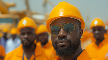 A team of construction workers in orange safety gear stands ready at a bustling site, reflecting teamwork and precision.の素材