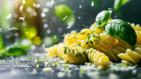 A tantalizing dish of giant fusilli pasta bathed in pesto sauce, sprinkled with parmesan and fresh basil, invites a gustatory feast.の素材