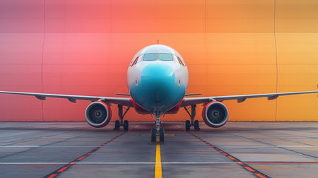A teal airplane stands ready for departure against a vibrant orange backdrop at an airport, highlighted by the stark contrast of modern aviation and colorful artistry.の素材