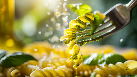 A tantalizing close-up of steaming fusilli pasta garnished with fresh basil and olive oil, ready to be savored.の素材