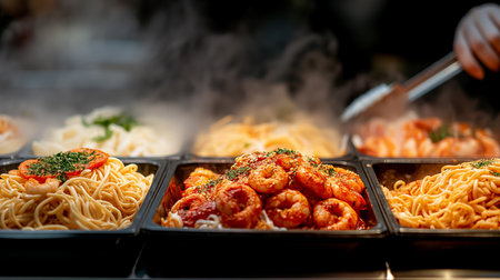 A tantalizing display of various pasta dishes, each steaming and brimming with rich sauces and fresh ingredients.の素材