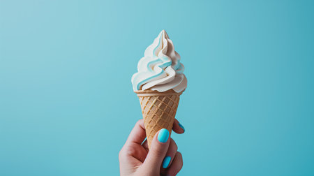 A swirl of creamy bliss in a cone, held by a hand with matching nail polish, captures the essence of summerの素材