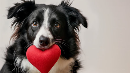 A sweet Border Collie with a red heart toy showcases loveの素材