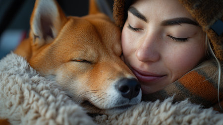 A tender moment between a woman and her dog, snuggling under a cozy blanket, illustrates the deep bond of companionship.の素材
