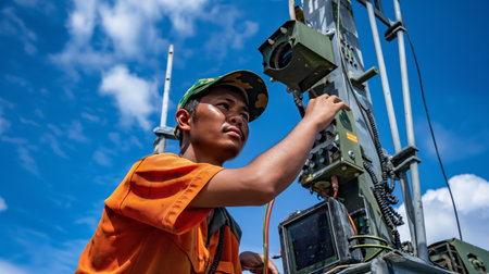 A technician meticulously adjusts sophisticated equipment under a clear blue sky, embodying dedication and precision.の素材