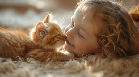 A tender scene of a young girl nuzzling a fluffy ginger kitten, encapsulating pure affection and comfort.の素材