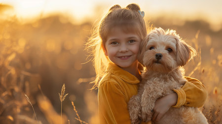 A tender moment as a young girl gently hugs her small dog, bathed in the golden light of sunset.の素材