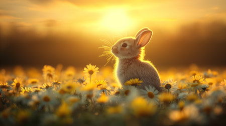 A tiny rabbit sits among daisies in a sun-drenched meadow, basking in the golden light.の素材