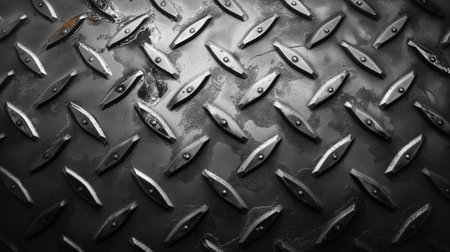 A textured background of silver metal diamond plate offers a tough, industrial look with a metallic sheen.の素材