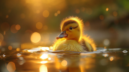 A tiny duckling glows radiantly as it swims in the golden light of a sunset, casting ripples across the water.の素材