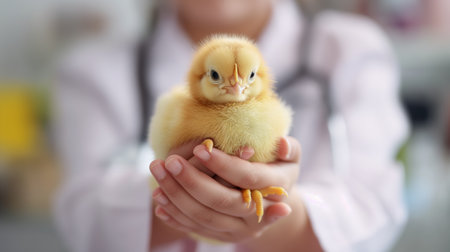 A tiny, fluffy chick cradled gently in caring hands reflects the tenderness of new beginnings.の素材