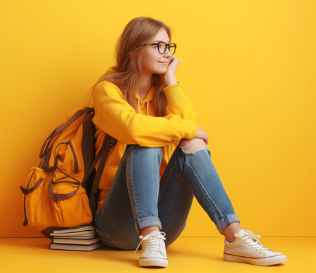 A thoughtful girl sits on books, lost in daydreams against a vivid yellow background.の素材