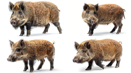A textured wild boar stands alert, displaying its rugged fur and sharp tusks in a crisp white background.の素材