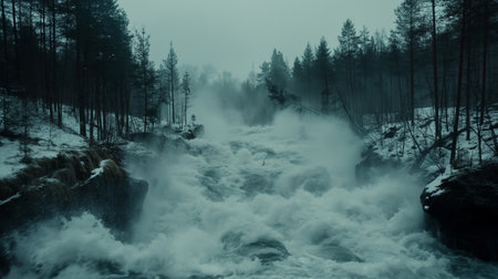 A turbulent waterfall cascades through a misty, snow-covered forest landscape.の素材