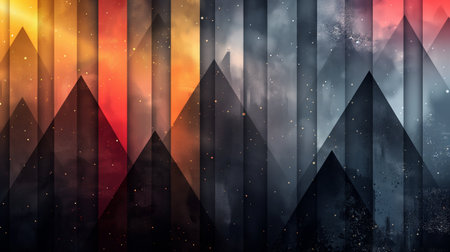 A striking abstract representation of mountains, alternating in hues from warm gold to chilling silver under a starry skyの素材