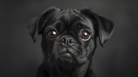 A solemn black pug looks directly into the camera with a gaze full of soulful expression.の素材