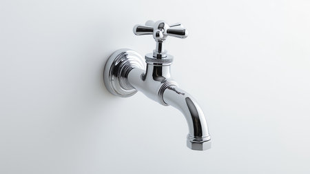 A sleek water faucet, shining with a chrome finish, isolated against a white background, epitomizes modern simplicity.の素材