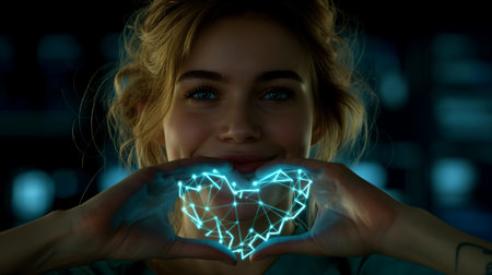 A smiling woman forms a glowing, digital heart shape with her hands in a dark room.の素材