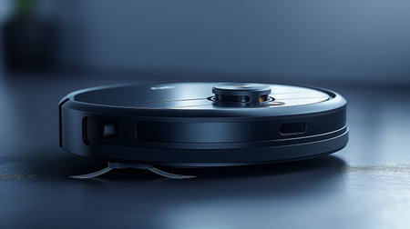 A sleek robotic vacuum cleaner poised on a spotless surface, reflecting modern home automation and convenience.の素材