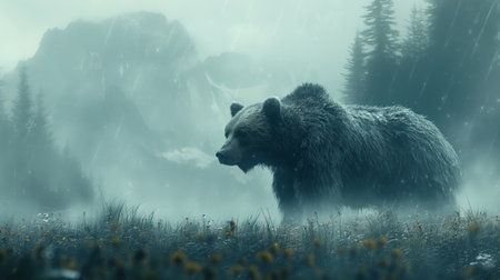 A solitary bear stands in a misty, snowy mountain landscape, epitomizing the raw beauty of nature.の素材