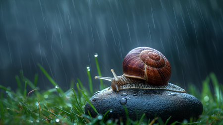 A solitary snail perched on a wet rock as raindrops create ripples around it, embodying patience and the calm of a rainy day.の素材