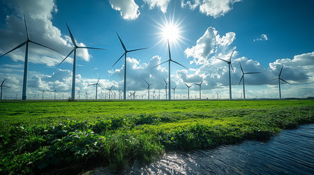 A vast wind farm stretches under a vibrant sky, symbolizing sustainable energy and bright future.の素材