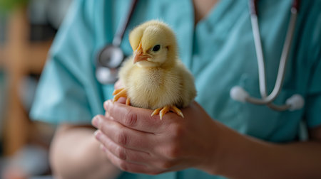 A veterinarian tenderly holds a fluffy chick, symbolizing the nurturing connection between animal health and compassionate care.の素材